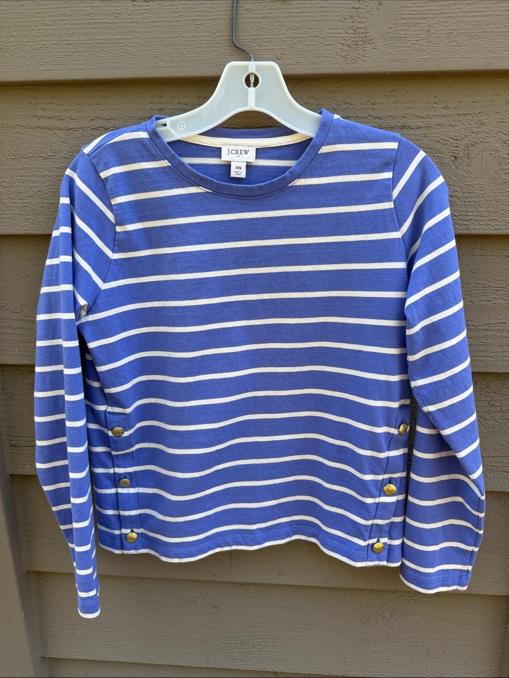 J. Crew Blue & White Striped Long-Sleeve Tee with Gold Buttons
